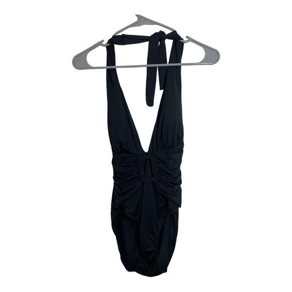 Tommy Bahama womens one piece swimsuit plunge V-neck belt buckle size 8 black - Picture 1 of 15